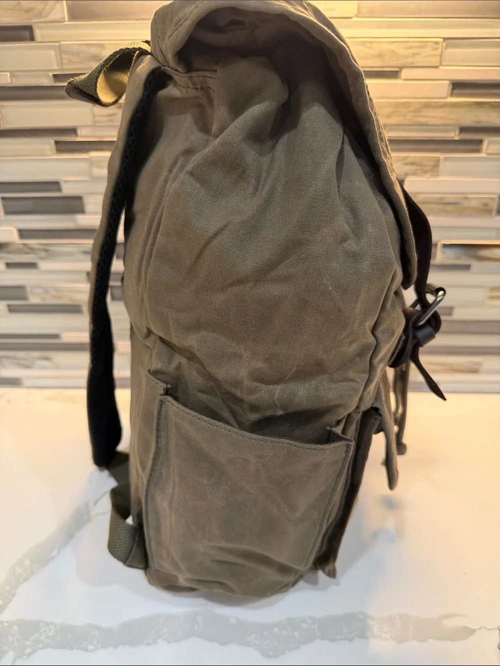 Topwolf Olive Canvas Backpack with Brown Leather Straps